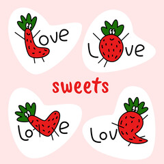 Love text stickers with one strawberry mascote letter in each word. Design elements for love items cards, strawberry food and drinks