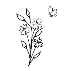 Hand drawn decorative bouquet of flowers over which a butterfly flies.