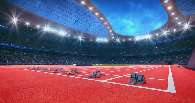 Athletic sport stadium full of fans and racing track with starting blocks. Professional sport 4k video for advertisement background.