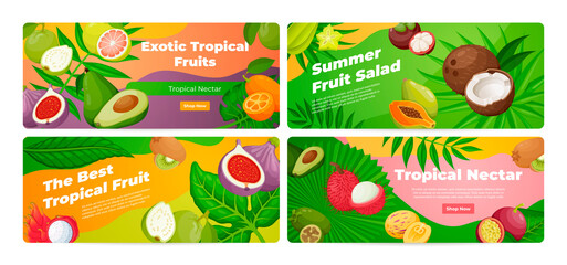 Collection of exotic tropical fruits landing page vector flat illustration horizontal banner vitamin