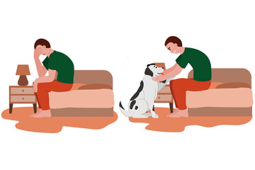 sad and happy man with a dog. home pet from the shelter. before and after. life with and without a dog. support, love, care, depression, sadness from a pet. animal shelter and home. stock vector.