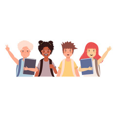 Set of boys and girls going to elementary or middle school .Back to school concept, children characters. Vector illustration in flat style