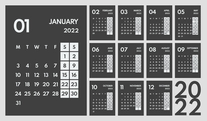 2022 full year monthly office calendar, week starts monday, two weekends, dark background