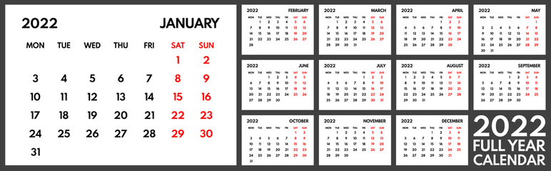 2022 full year office calendar template, week starts monday, two weekend days - obrazy, fototapety, plakaty