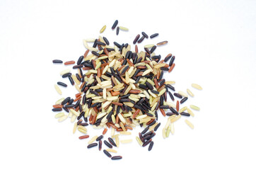 Group of dry orgaic mixed rice seed pile on white background. For healthy food ingredient or...