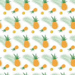 Seamless pattern of pineapples with tropical leaves. Vector flat illustration on a white background for print and postcard