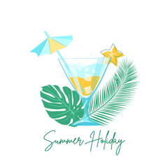 Summer holiday with a cocktail of carambola and tropical leaves. Vector flat illustration on a white background for print and postcard