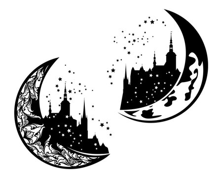 fairy tale medieval castle on a crescent moon - night time fantasy architecture black and white vector silhouette design