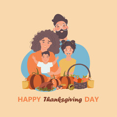 Thanksgiving inspired Holiday card with caucasian family celebrating Thanksgiving day turkey at the table. Vector flat design family Holiday weekend illustration for poster, card, banner.

 