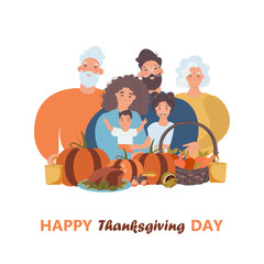 Thanksgiving inspired Holiday card with caucasian family celebrating Thanksgiving day turkey at the table. Vector flat design family Holiday weekend illustration for poster, card, banner.

 