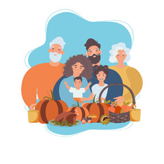 Thanksgiving inspired Holiday card with caucasian family celebrating Thanksgiving day turkey at the table. Vector flat design family Holiday weekend illustration for poster, card, banner.

 