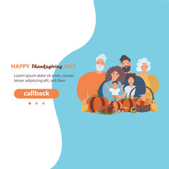 Thanksgiving inspired Holiday card with caucasian family celebrating Thanksgiving day turkey at the table. Vector flat design family Holiday weekend illustration for poster, card, banner.

 