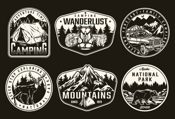 Camping vintage monochrome prints
