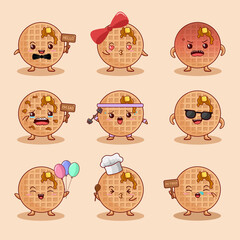 Cute Waffle Character Collection Vector