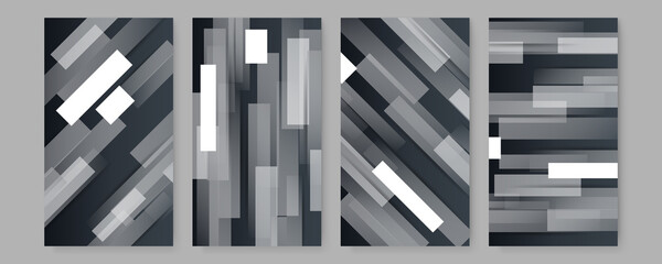 Minimal dark covers set. Future geometric design. Abstract 3d meshes. Modern black stripe cover design set. Luxury creative grey dynamic diagonal line pattern. Formal premium vector background