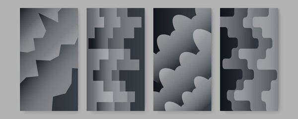 Minimal dark covers set. Future geometric design. Abstract 3d meshes. Modern black stripe cover design set. Luxury creative grey dynamic diagonal line pattern. Formal premium vector background
