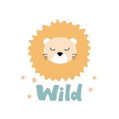 Cute lion with lettering wild. Vector hand drawn scandinavian illustration.