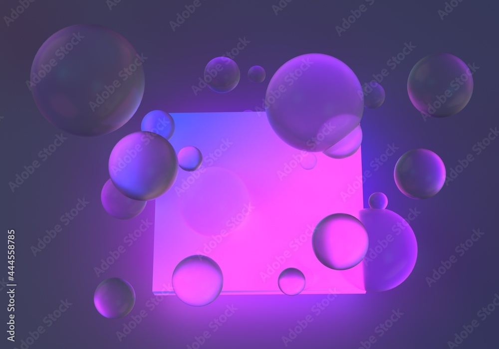 Poster Abstract surreal sci-fi background with floating glass spheres and neon rectangle. 3D illustration.