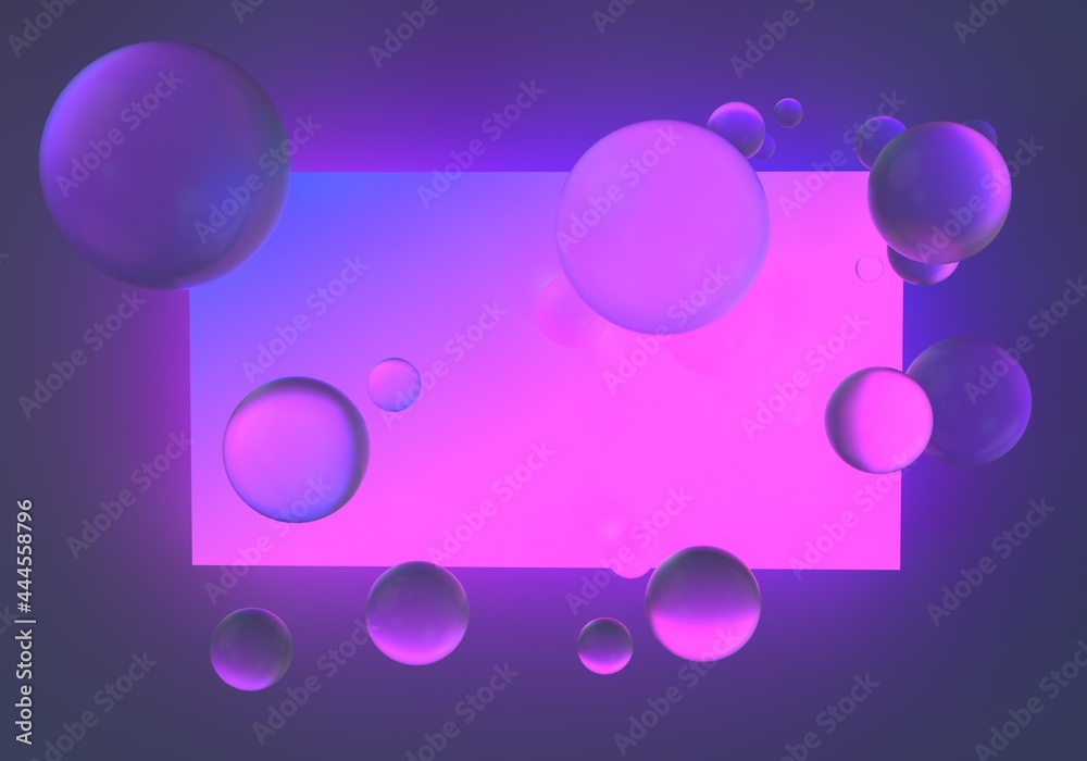 Poster Abstract surreal sci-fi background with floating glass spheres and neon rectangle. 3D illustration.