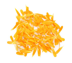 Pile of beautiful calendula petals on white background, top view