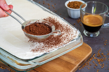 Hand sprinkles cocoa powder on a traditional tiramisu cake using a sifter. Authentic gluten-free Italian layered dessert with ladyfinger biscuits and mascarpone. Cup of coffee in background. Motion