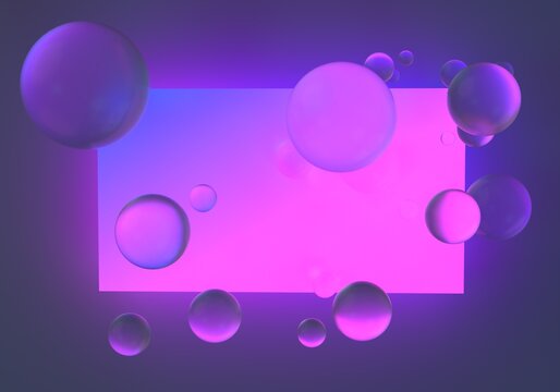 Abstract surreal sci-fi background with floating glass spheres and neon rectangle. 3D illustration.