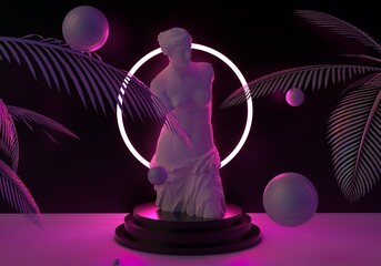 Surreal 3d illustration with floating spheres, neon ring and Venus bust. Retrofuturistic the 80's like style.  © local_doctor
