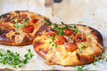 Homemade cheese focaccia with tomato cherry