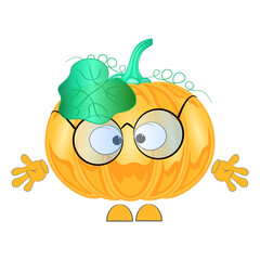 Pumpkin with glasses. Cartoon character. Vector illustration.