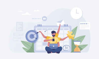young man working hard with six arms with calendar background vector illustration