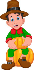 cute boy holding pumpkin on white background