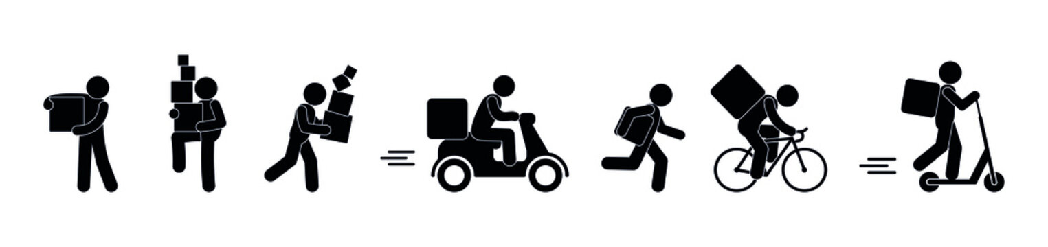 Cargo Transportation, Parcel Delivery, Illustration Of Movers And Couriers, Stick Figure Man Carries A Box, Food Delivery Icon