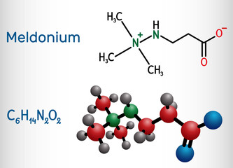 Meldonium molecule. Cardioprotective drug used for treatment of heart failure, myocardial infarction, arrhythmia, atherosclerosis, diabetes. Structural chemical formula, molecule model