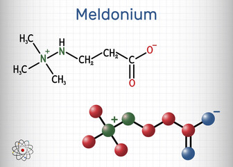 Meldonium molecule. Cardioprotective drug used for treatment of heart failure, myocardial infarction, arrhythmia, atherosclerosis, diabetes. Sheet of paper in a cage