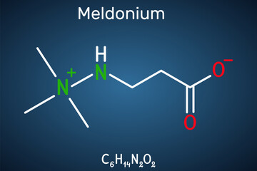 Meldonium molecule. Cardioprotective drug used for treatment of heart failure, myocardial infarction, arrhythmia, atherosclerosis, diabetes. Structural chemical formula on the dark blue background