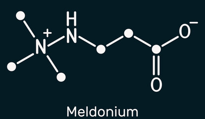 Meldonium molecule. Cardioprotective drug used for treatment of heart failure, myocardial infarction, arrhythmia, atherosclerosis, diabetes. Skeletal chemical formula. Dark blue background