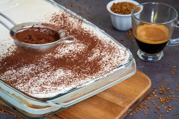 Traditional tiramisu cake being sprinkled with cocoa powder using a sifter. Authentic gluten-free Italian layered dessert with ladyfinger biscuits and mascarpone. Cup of coffee in background. Motion