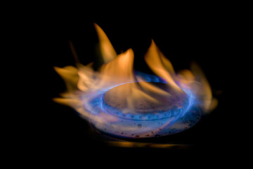 Flame of a gas burner on a black background