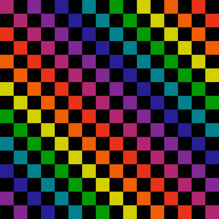 Checker rainbow squares. Black background and diagonal checker lines. Vector.