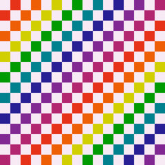 Checker rainbow squares. White background and diagonal checker lines. Vector.