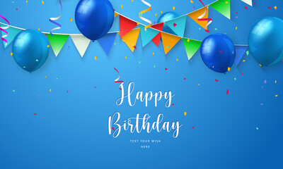 Blue ballon and colorful ribbon Happy Birthday celebration card banner template background - 444562956