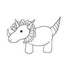 black and white coloring doodle cute prehistoric dinosaur side view with horns and striped tail in cartoon style isolated on a white background, toy, animals