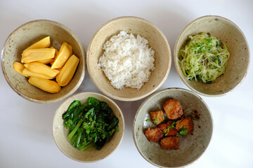 vegan meal, Vietnamese  fried vegetable protein, kale soup, chayote and jackfruit