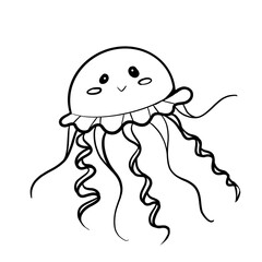 black and white coloring doodle cute round jellyfish with wavy tentacles isolated on a white background, ocean, sea, animals, cartoon
