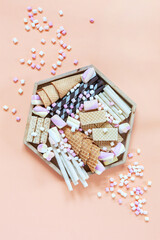 Meringue, variety Marshmallows, wafer rolls and waffles  charcuterie board on pink background. Close up, top view.