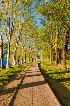 Spring sunset on the shores of Lake Pusiano, near the town of Bosisio Parini, Italy - May 2021.