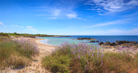 The beautiful coast of Salento: Marina di Salve Beach. It' s almost sandy and embellished with low cliffs, easy to reach in the area of the municipalities of Salve and Ugento in Puglia, Italy.