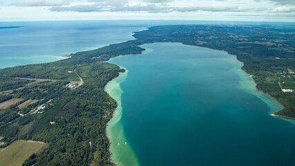 Aerial of Torch Lake and Lake Michigan in Northern Michigan