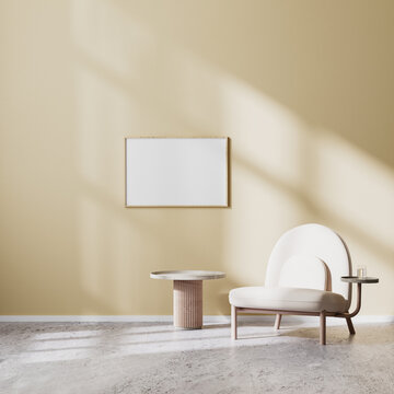 horizontal frame mock up in modern living room interior with beige armchair and coffee table with beige wall and concrete floor, scandinavian style, 3d rendering