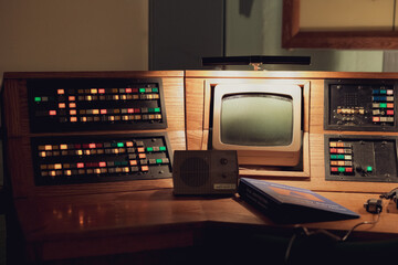 Cheshire, UK - 25th June 2021: Vintage Cold War Missile Silo computer systems in underground bunker
